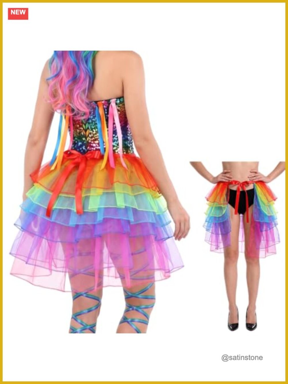 Women's 7-Layer Rainbow Tulle Tutu Skirt Adjustable Ribbon Cosplay